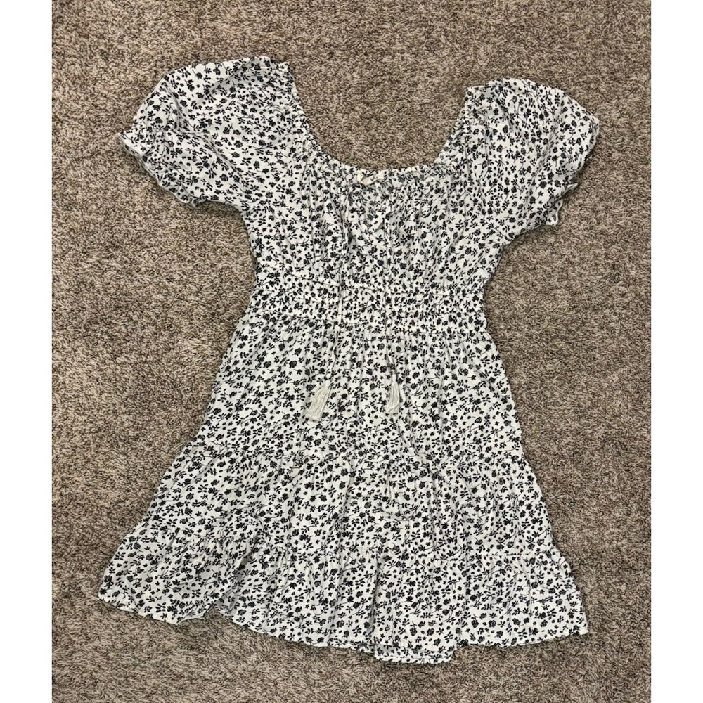 Blush White Black Floral Smocked Dress Puff Sleeve Square Neck Womens Large